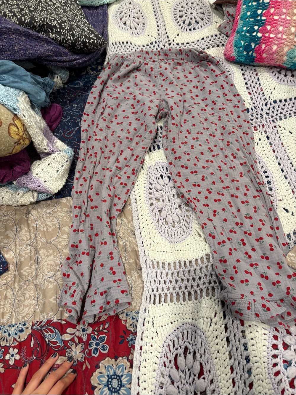 Gray Knit Lounge Pants with Red Cherry Print
